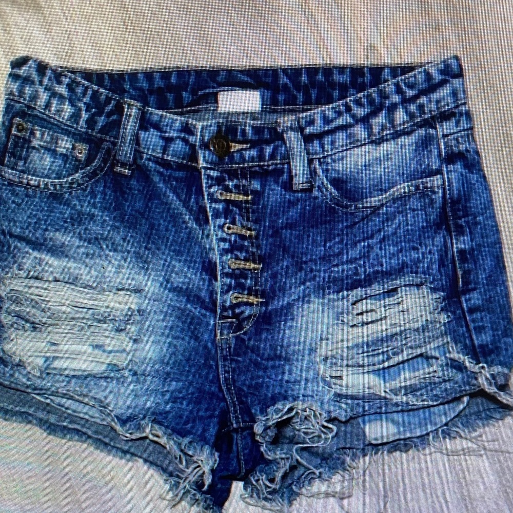 Aeropostale Women's Distressed Button-Fly Denim Shorts in Blue Wash